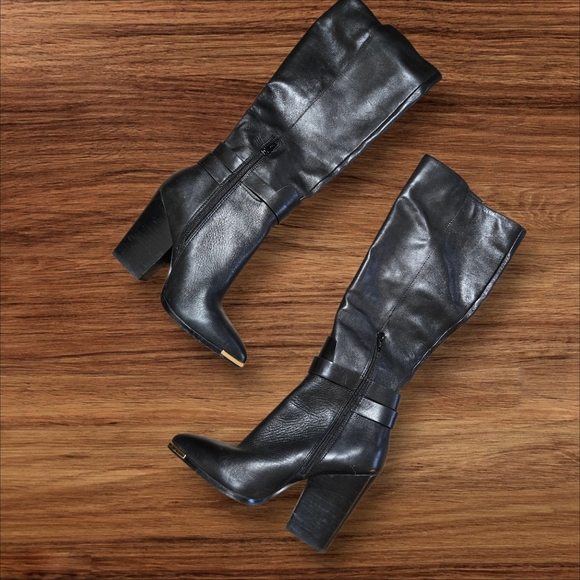 Aldo Midnight Black Leather Heeled Boots - Picture 2 of 8